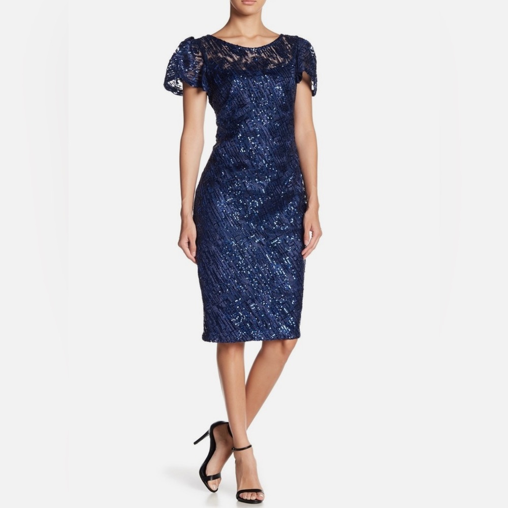 NWT MARINA Lapis Lined Sequin Flutter Sleeve Dress